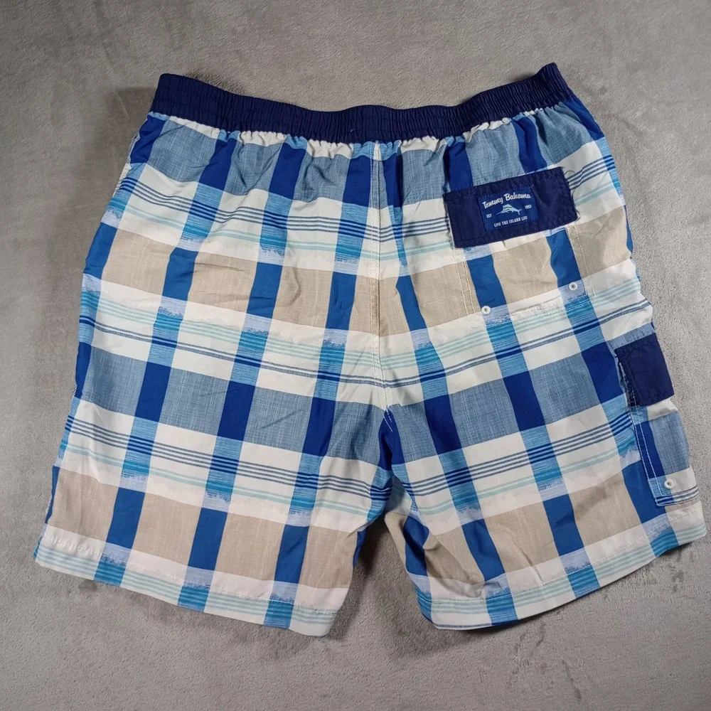 Tommy Bahama Swim Trunks Mens XL Blue Plaid Board Shorts Cargo Pocket Tropical